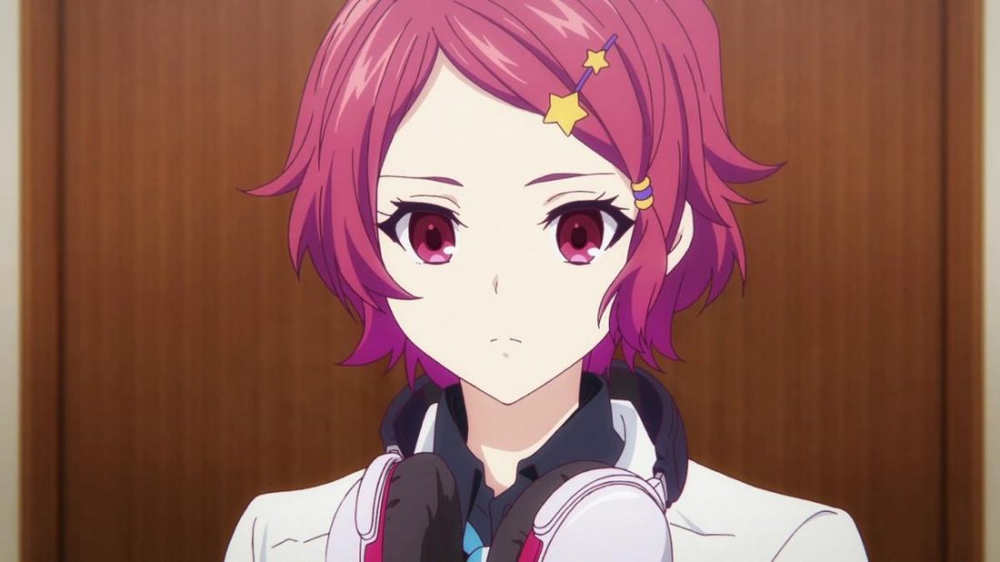 anime girl with headphones and purple hair