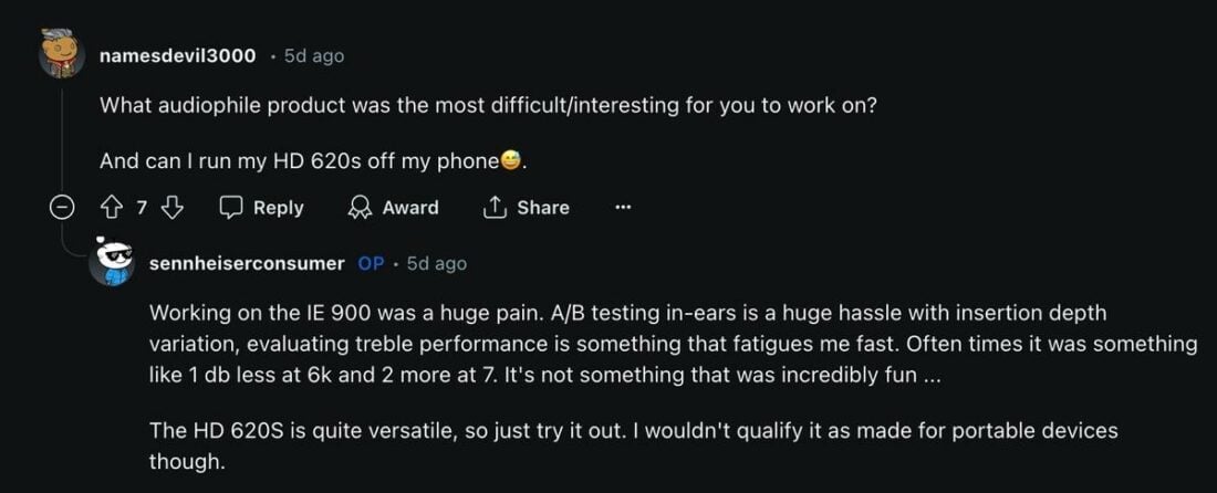 Koehnke discussing how the IE 900 was the most difficult project he worked on so far. (From: Reddit)