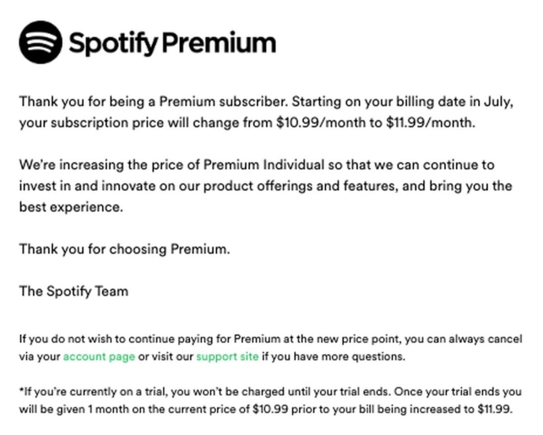 Spotify's email announcement regarding the changes in the premium plan rates. (From: Spotify)