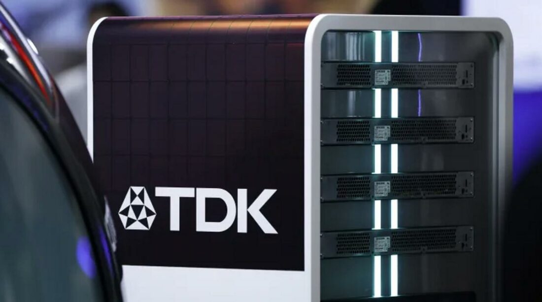 The TDK Corporation logo displayed on the company’s industrial standard battery unit at the Combined Exhibition of Advanced Technologies in Chiba, Japan, on Oct. 17, 2023. (From: GettyImages)