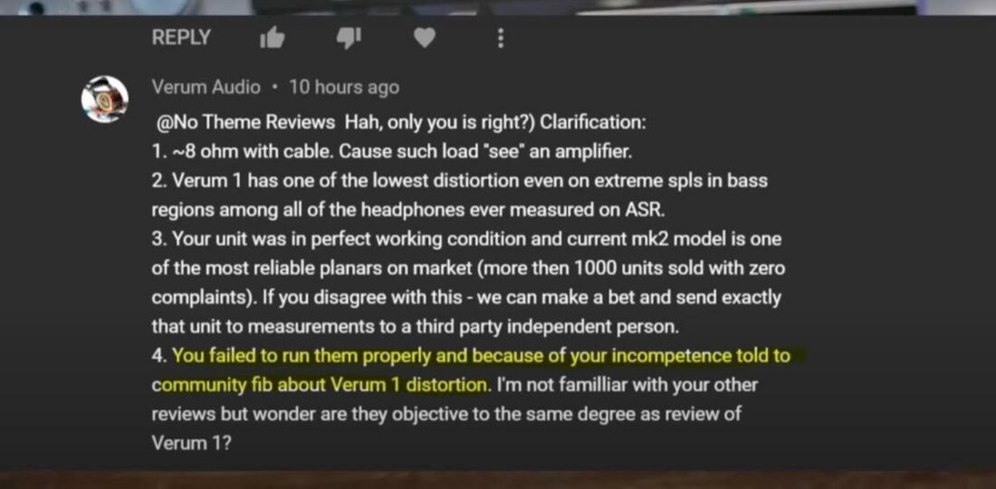 One of Igor’s comments in response to No Theme Reviews’ video about the Verum 1. (From: YouTube/No Theme Reviews)