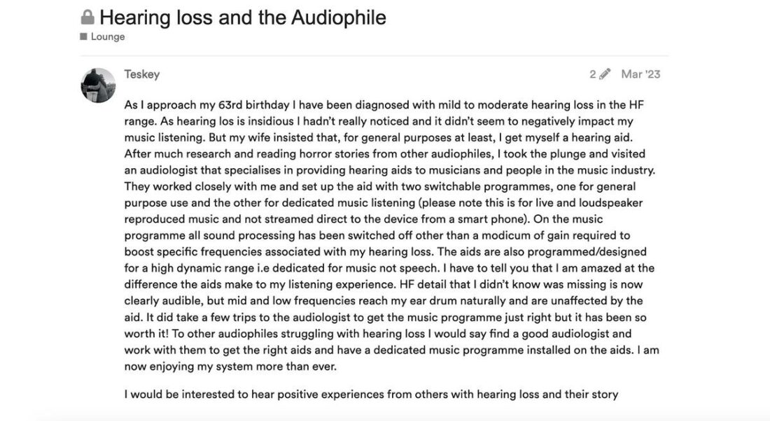User, Teskey, sharing his experience in discovering and using hearing aids made for music. (From: NaimAudio)